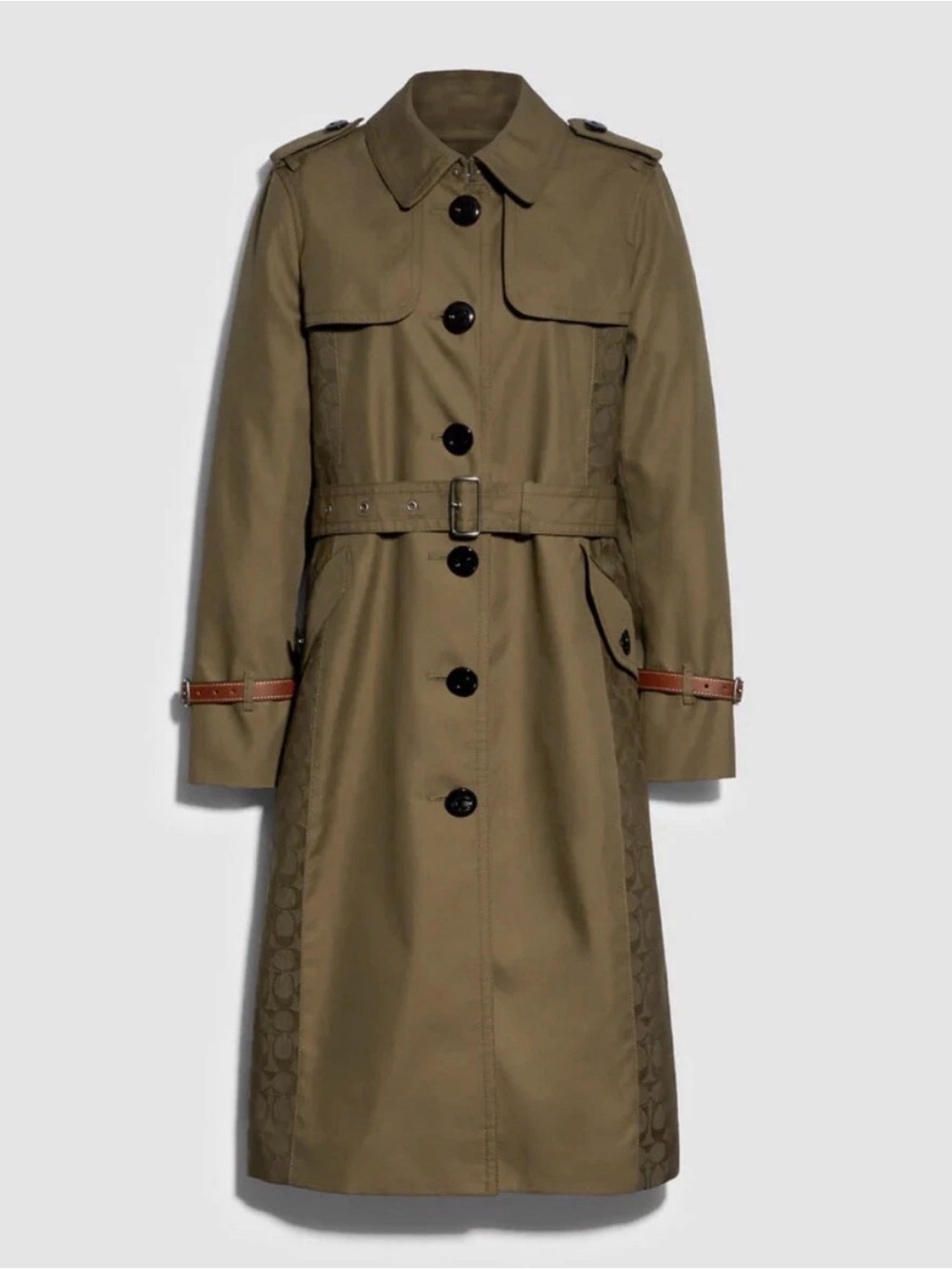 Coach Olive Trench Coat with Brown Leather Strap Accents